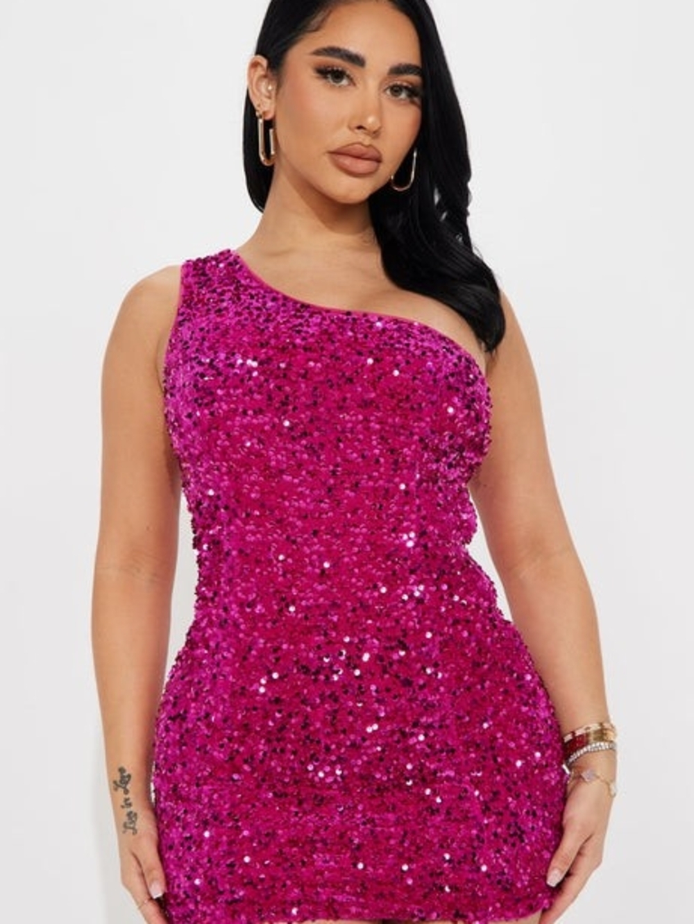 Fashion Nova One-Shoulder Sequin Mini Dress in Fuchsia